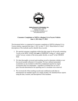 Consumer Complaints to NHTSA Alleging UA in Toyota Vehicles June 1, 2011-July 17, 2012