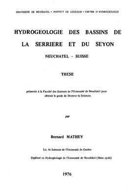 Hydrogeologie Des Bassins De La Serriere Et Du Seyon