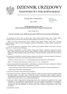 Rozporządzenie Nr 1/2021 Powiatowego Lekarza Weterynarii W Wolsztynie