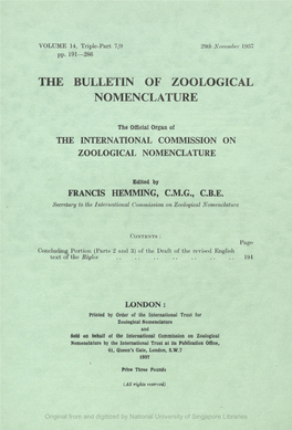 The Bulletin of Zoological Nomenclature. Vol 14, Part 7 to 9