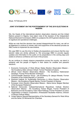 Joint Statement on the Postponement of the 2019 Elections in Nigeria