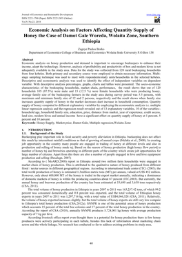 Economic Analysis on Factors Affecting Quantity Supply of Honey the Case of Damot Gale Woreda, Wolaita Zone, Southern Ethiopia