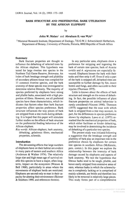 IAWA Journal, Vol. 14 (2),1993: 173-185 BARK STRUCTURE and PREFERENTIAL BARK UTILISATION by the AFRICAN ELEPHANT by J Ohn W