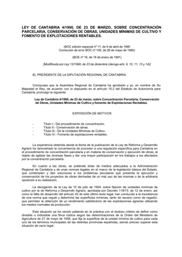 Ley De Cantabria 4/1990, De 23 De Marzo, Sobre Concentración Parcelaria, Conservación De Obras, Unidades Mínimas De Cultivo Y Fomento De Explotaciones Rentables