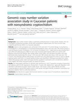 Genomic Copy Number Variation Association Study in Caucasian Patients with Nonsyndromic Cryptorchidism Yanping Wang1, Jin Li3, Thomas F