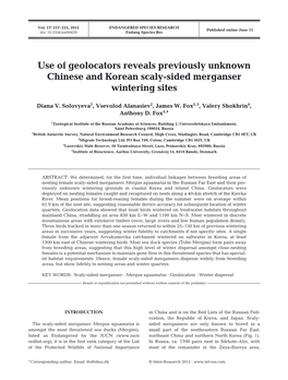 Use of Geolocators Reveals Previously Unknown Chinese and Korean Scaly-Sided Merganser Wintering Sites