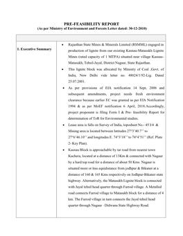 PRE-FEASIBILITY REPORT (As Per Ministry of Environment and Forests Letter Dated: 30-12-2010)