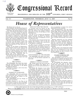 Congressional Record United States Th of America PROCEEDINGS and DEBATES of the 109 CONGRESS, FIRST SESSION