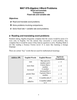 MAT 070-Algebra I-Word Problems Read and Translate Comparisons Fixed Rate and Variable Rate