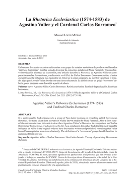 La Rhetorica Ecclesiastica (1574-1583) De Agostino Valier Y El Cardenal Carlos Borromeo», Cuad