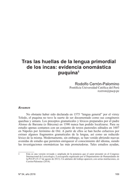 Tras Las Huellas De La Lengua Primordial De Los Incas: Evidencia Onomástica Puquina1