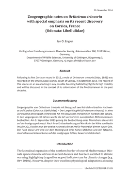 Zoogeographic Notes on Orthetrum Trinacria with Special Emphasis on Its Recent Discovery on Corsica, France (Odonata: Libellulidae)