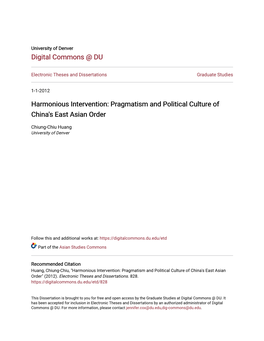 Harmonious Intervention: Pragmatism and Political Culture of China's East Asian Order