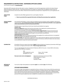 DISPENSING OPTICIAN LICENSE Access This Form Via Website At: Cca.Hawaii.Gov/Pvl