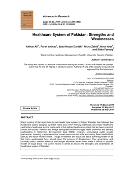Healthcare System of Pakistan: Strengths and Weaknesses