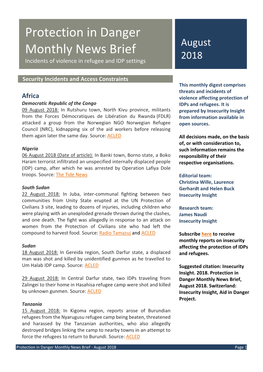 Protection in Danger Monthly News Brief August 2018 Incidents of Violence in Refugee and IDP Settings