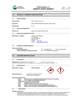 Profire Igniter Kit Safety Data Sheet