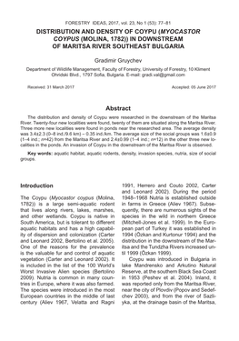 DISTRIBUTION and DENSITY of COYPU (MYOCASTOR COYPUS (MOLINA, 1782)) in DOWNSTREAM of MARITSA RIVER SOUTHEAST BULGARIA Abstract