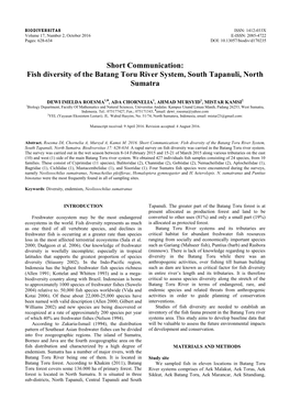Fish Diversity of the Batang Toru River System, South Tapanuli, North Sumatra