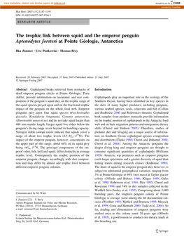 The Trophic Link Between Squid and the Emperor Penguin Aptenodytes Forsteri at Pointe Ge´Ologie, Antarctica