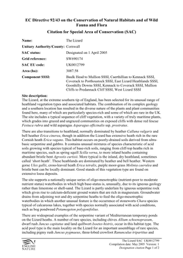 EC Directive 92/43 on the Conservation of Natural Habitats and of Wild Fauna and Flora Citation for Special Area of Conservation (SAC)