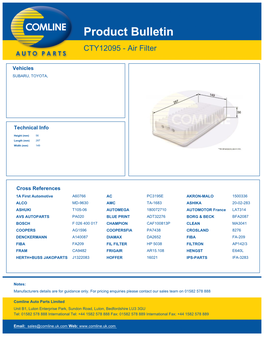 Product Bulletin CTY12095 - Air Filter