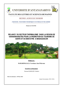 Relance Du Secteur Thermalisme Dans La Region De Vakinankaratra Pour La Promotion Du Tourisme De Sante Et Du Bien Etre a Madagascar