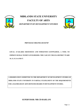 Midlands State University Faculty of Arts Department of Development Studies