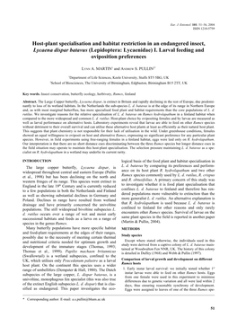 Host-Plant Specialisation and Habitat Restriction in an Endangered Insect, Lycaena Dispar Batavus (Lepidoptera: Lycaenidae) I