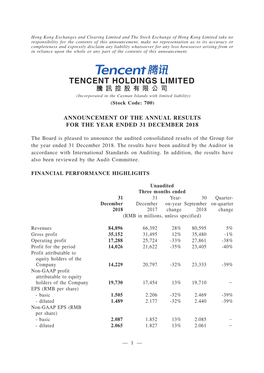 Announcement of the Annual Results for the Year Ended 31 December 2018