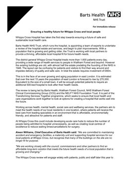 For Immediate Release Ensuring a Healthy Future for Whipps Cross And