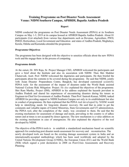 Training Programme on Post Disaster Needs Assessment Venue: NIDM Southern Campus, APHRDI, Bapatla Andhra Pradesh