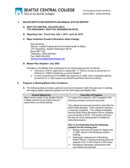 I. Major Institution Master Plan Annual Status Report A. Seattle Central College