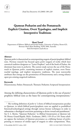 Qumran Pesharim and the Pentateuch: Explicit Citation, Overt Typologies, and Implicit Interpretive Traditions