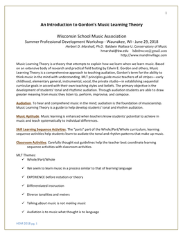An Introduction to Gordon's Music Learning Theory Wisconsin School Music Association
