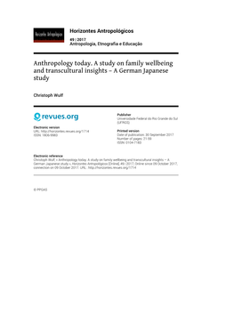 Anthropology Today. a Study on Family Wellbeing and Transcultural Insights – a German Japanese Study