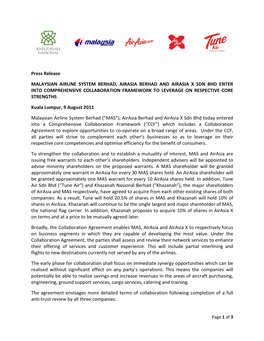 Press Release MALAYSIAN AIRLINE SYSTEM BERHAD, AIRASIA BERHAD and AIRASIA X SDN BHD ENTER INTO COMPREHENSIVE COLLABORATION FRAM