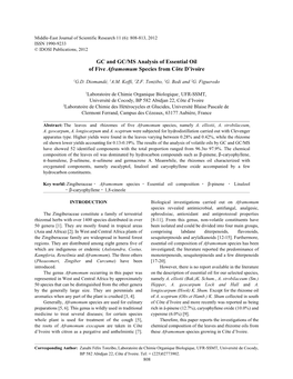 GC and GC/MS Analysis of Essential Oil of Five Aframomum Species from Côte D’Ivoire