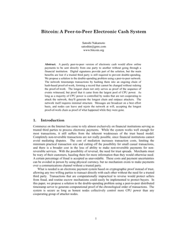 Bitcoin: a Peer-To-Peer Electronic Cash System