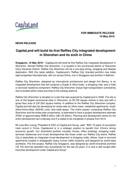 Capitaland Will Build Its First Raffles City Integrated Development in Shenzhen and Its Sixth in China