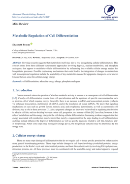 Metabolic Regulation of Cell Differentiation