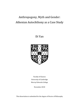 Anthropogony, Myth and Gender: Athenian Autochthony As a Case Study