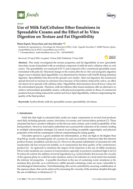 Use of Milk Fat/Cellulose Ether Emulsions in Spreadable Creams and the Eﬀect of in Vitro Digestion on Texture and Fat Digestibility