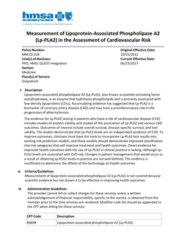 Measurement of Lipoprotein-Associated Phospholipase A2 (Lp-PLA2) in the Assessment of Cardiovascular Risk