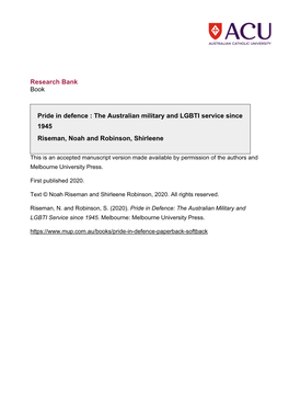 Research Bank Pride in Defence : the Australian Military and LGBTI