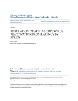 REGULATION of ALPHA-HERPESVIRUS REACTIVATION from LATENCY by STRESS Insun Kook University of Nebraska - Lincoln, Kismgen@Hanmail.Net
