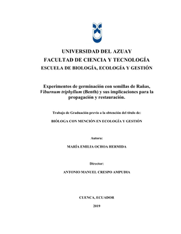 Universidad Del Azuay Facultad De Ciencia Y Tecnología Escuela De Biología, Ecología Y Gestión