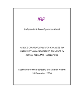 Advice on Proposals for Changes to Maternity and Paediatric Services in North Tees and Hartlepool