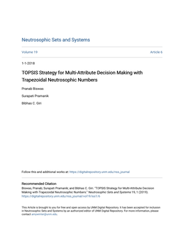 TOPSIS Strategy for Multi-Attribute Decision Making with Trapezoidal Neutrosophic Numbers