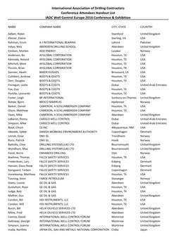 International Association of Drilling Contractors Conference Attendees Handout List IADC Well Control Europe 2016 Conference & Exhibition